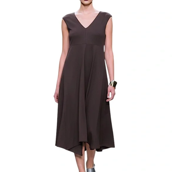 Weekend Max Mara quiet luxury brown jersey knit v neck high low hem midi dress - Picture 1 of 12